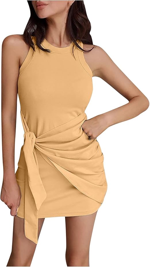 Women Summer Casual Sleeveless Tank Dress Crew Neck Ruched Tie Waist