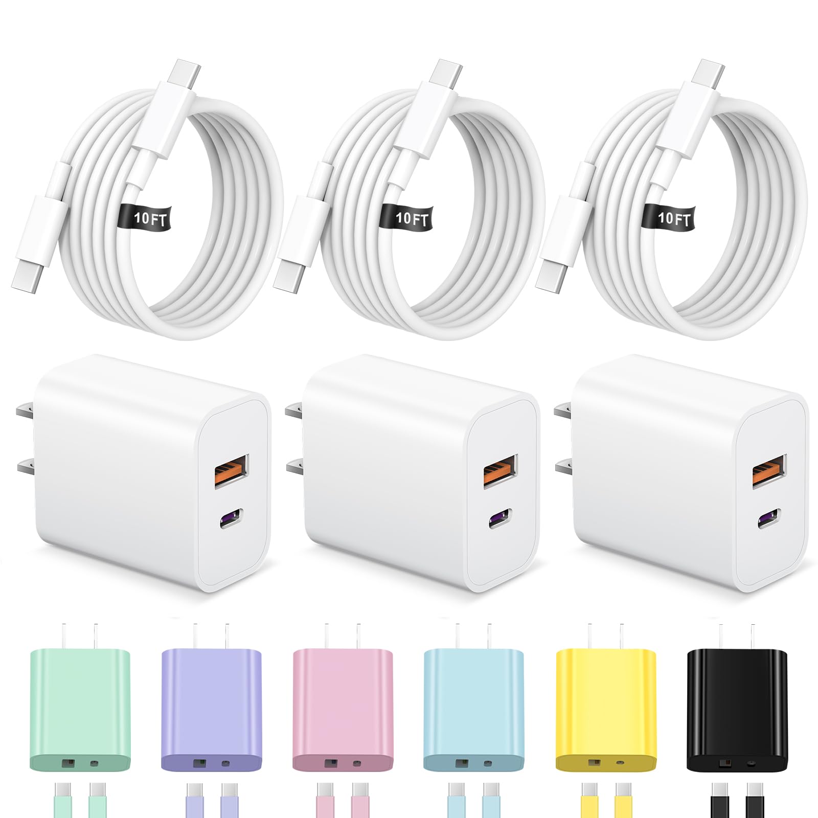 iPhone 17 16 15 Charger Fast Charging USB C Charger Block Type C Chargers Charging Block with 3 Pack 10FT Cable for iPhone 17/17 Plus/17 Pro Max/16/16 Plus/16 Pro Max/15 Pro Max/iPad Pro