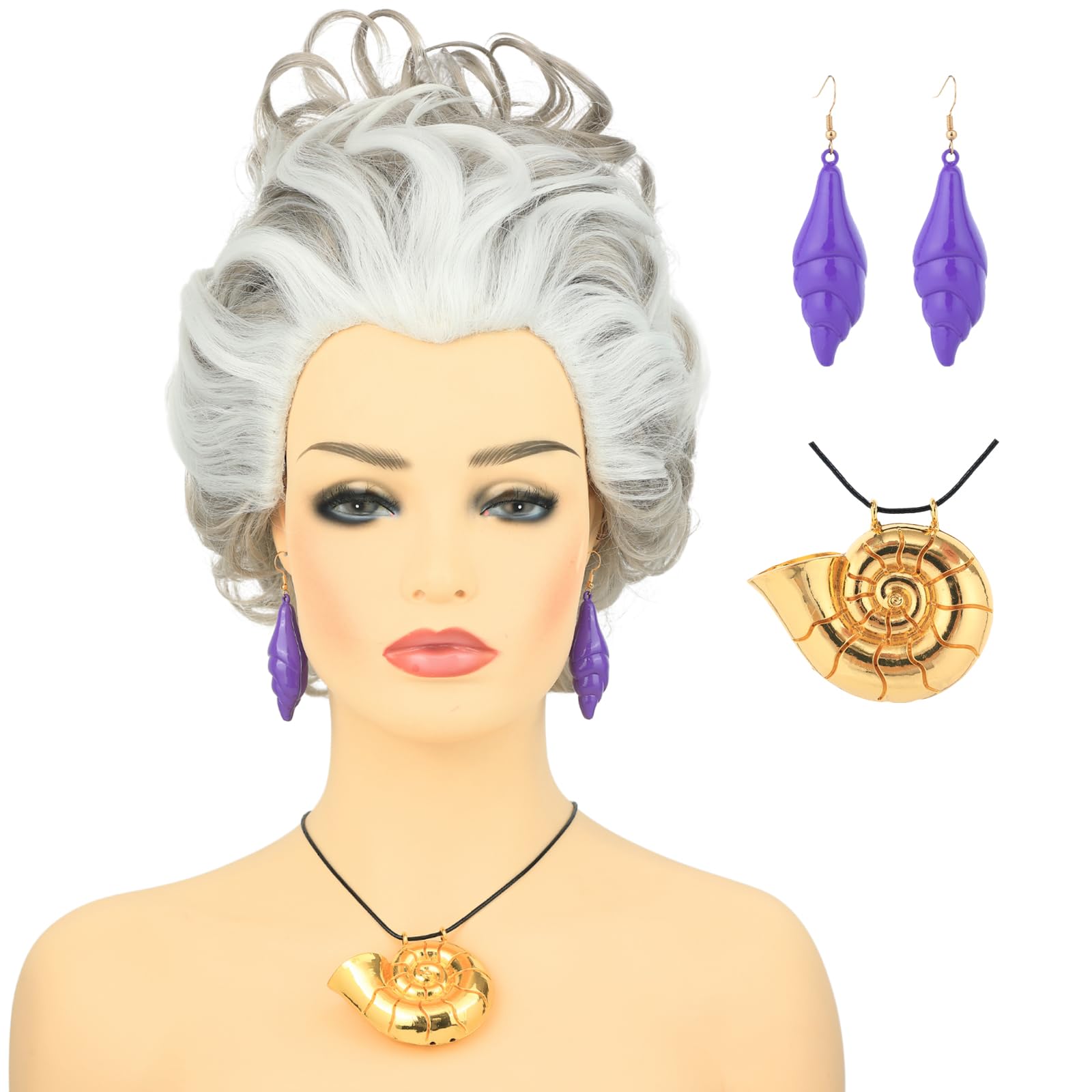 Photo 1 of morvally Short Gray White Undersea Witch Costume Wigs with Shell Necklace and Earrings for Women Cosplay Halloween Party
