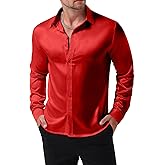 JEMITOP Mens Shiny Luxury Satin Slim Fit Dress Shirts Silk-Like Glossy Long Sleeve Button Down Shirts for Wedding Party Prom