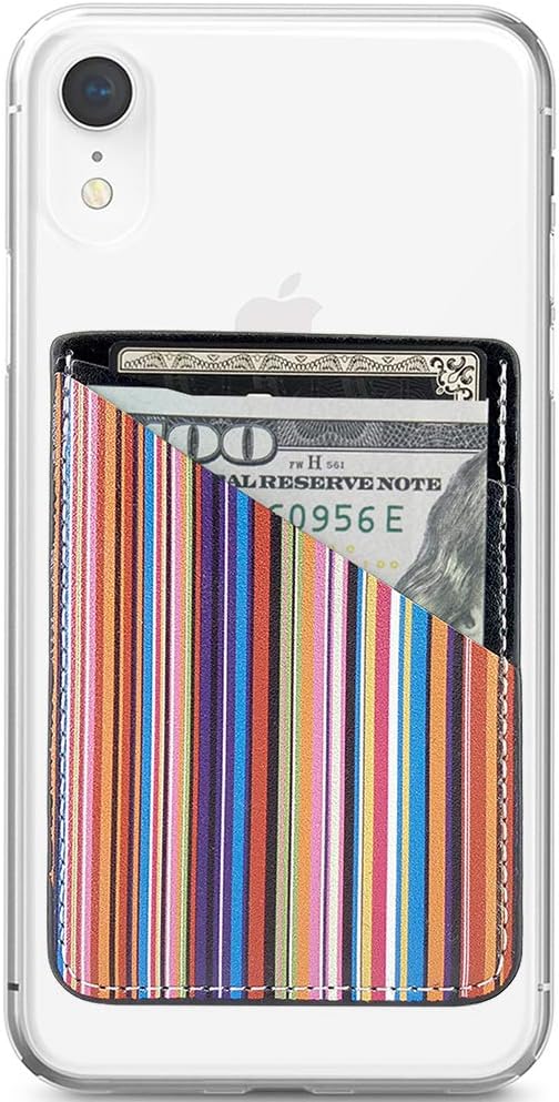 Obbii Stripe Wood Paint PU Leather Card Holder for Back of Phone with 3M Adhesive Stick-on Credit Card Wallet Pockets for iPhone and Android Smartphones
