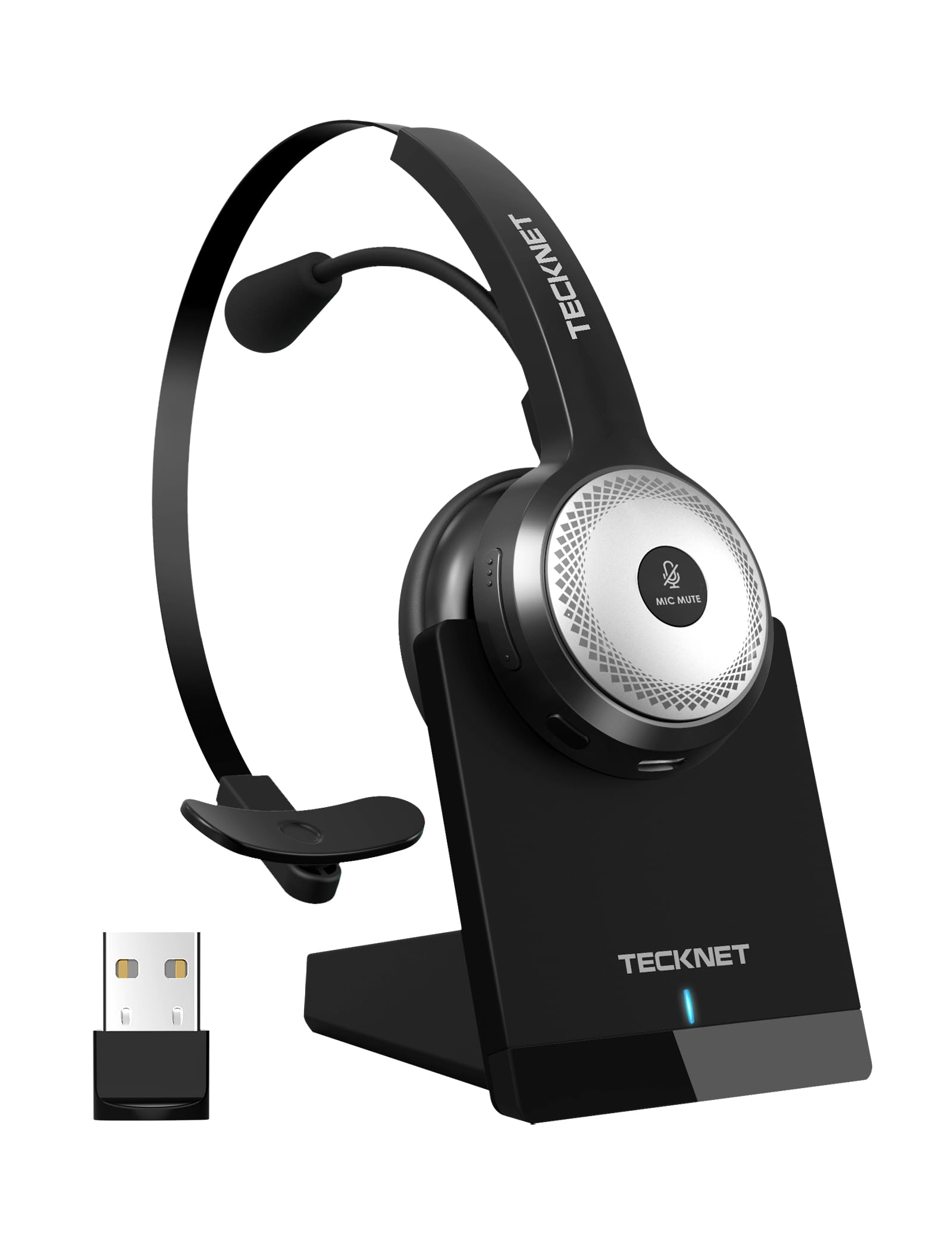 TECKNET Bluetooth 5.0 Headset with Microphone for PC, USB Wireless Headset with Mic for Work, 40Hrs Worktime AI Noise Cancelling On Ear Bluetooth Headphones with Charging Base for Laptop/Call Center