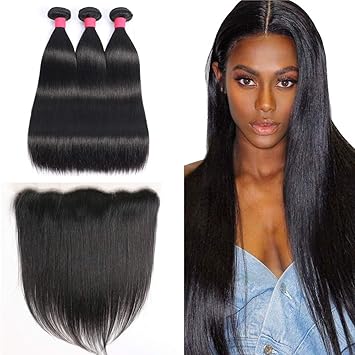 Amazon Com Brazilian Straight Hair 3 Bundles With Lace Frontal