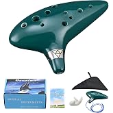 LIEKE Ocarina 12 Holes Alto C Ceramic Ocarinas with Display Stand Song Book Neck-Strap Bag (Dark Green)