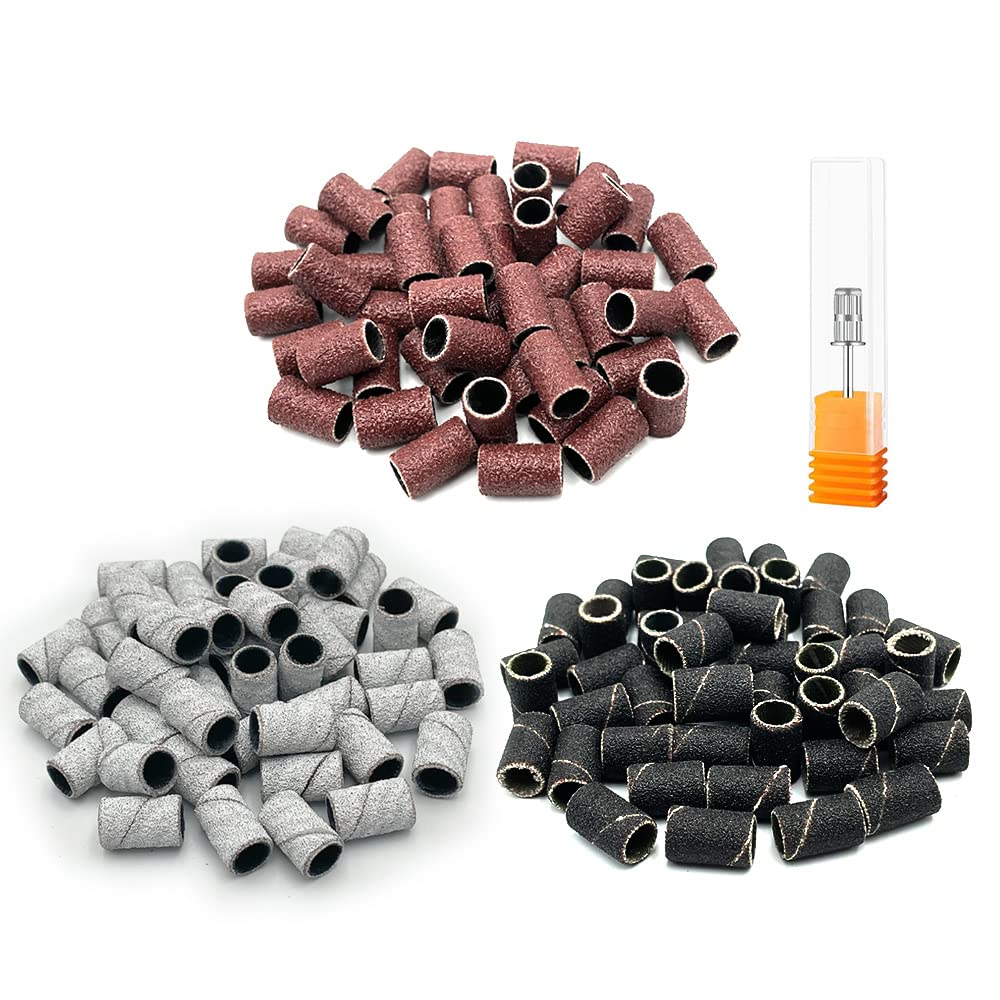 LICQIC 150 Pcs Nail Sanding Bands, 80#120#180# Grit 3 Colors Nail Art Sanding Bands with 1 Pcs 3/32 Inch Nail Drill Bit for Manicures and Pedicures Care Nail Tools