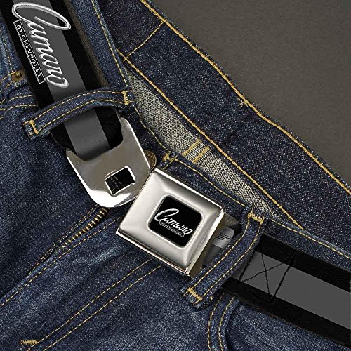 Buckle-Down Seatbelt Belt - 1969 CAMARO BY CHEVROLET Emblem/Stripe Black/Gray/Silver - 1.5" Wide - 24-38 Inches in Length