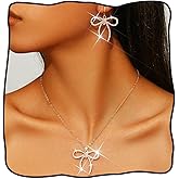 JEAIRTS Bow Necklace and Earrings Set Gold Rhinestone Bowknot Pendant Prom Jewelry Sets for Women