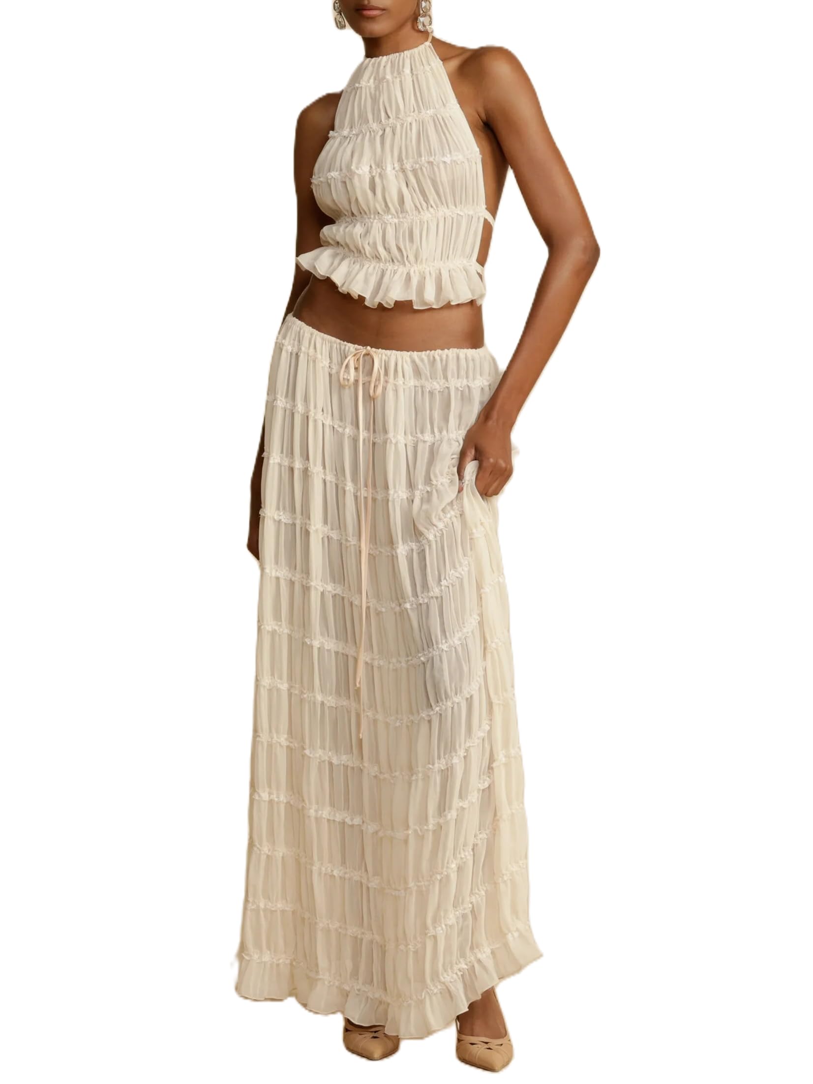 Miqil Women's 2-Piece Boho Long Skirt Set – Front Tie Lace Eyelet Tank & Low Waist Maxi Skirt For Summer Vacation