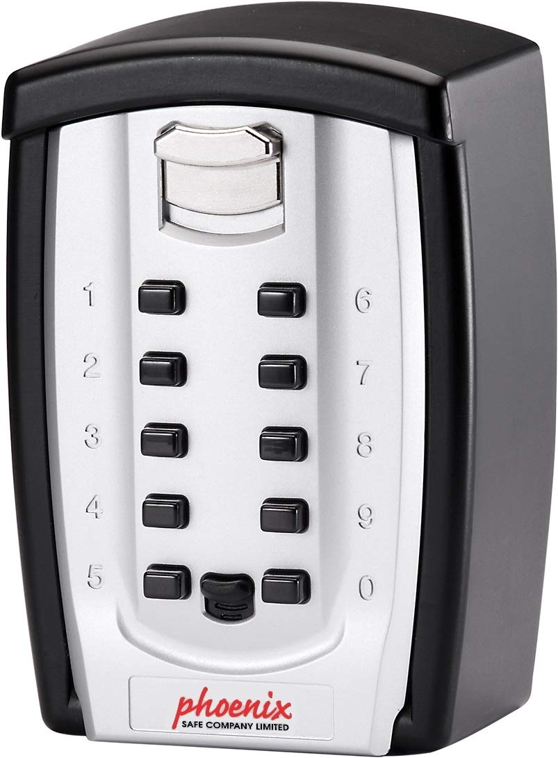 Phoenix Safe Company – KS0003C Key Safe with Push Button Combination Lock - Weathproof Cover - Key Holder Wall Mounted - Scratch Resistant Black And Silver Finish - 0.18 Litres - 0.85kg