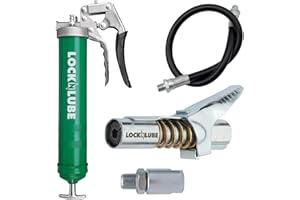 LockNLube Heavy-Duty Pistol Grip Grease Gun. Includes our patented LockNLube® Grease Coupler (Locks On, Stays On, Won't Leak!) plus a high-quality 20" hose and in-line hose swivel
