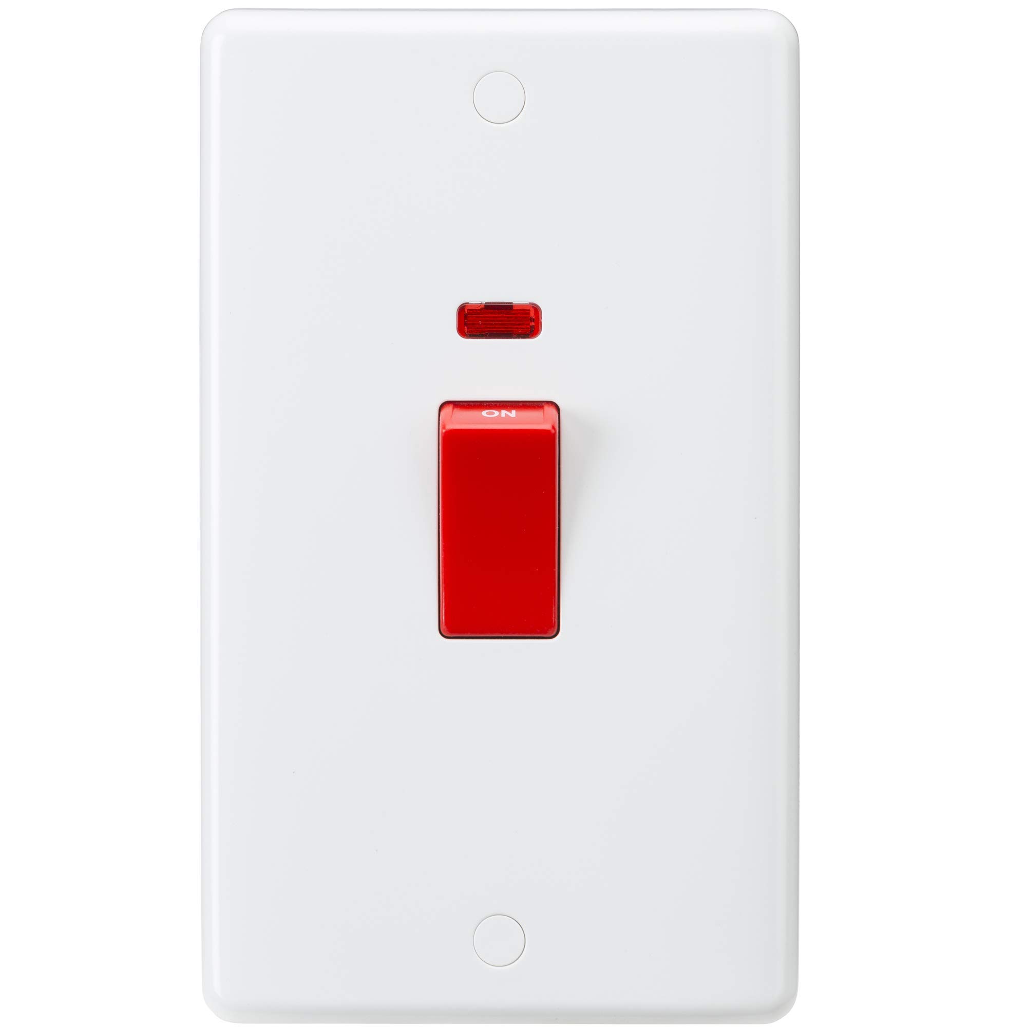Knightsbridge CU8332N Curved Edge 2 Gang DP Switch and Neon in White with White Rockers, Cooker 45A Red Switch + Neon Large