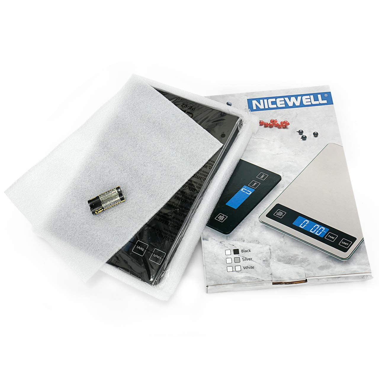 Nicewell Food Scale Digital Weight Grams and oz, 22lb Kitchen Scale for Cooking Baking, 1g/0.1oz Precise Graduation, Sleek Tempered Glass Platform (Black)