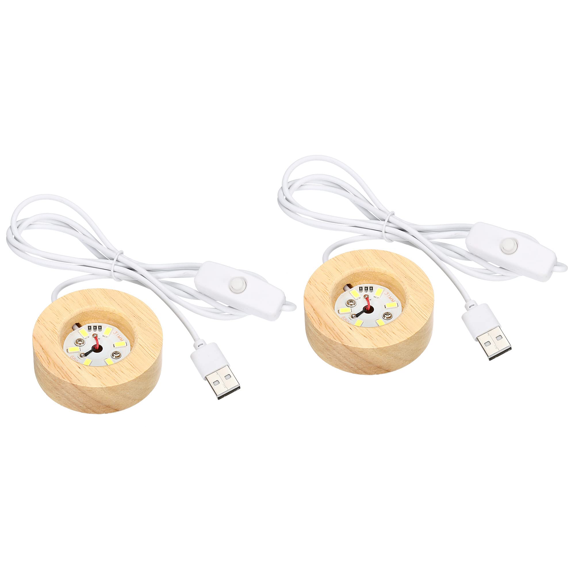 PATIKIL Wooden LED Light Base Stand, 2 Packs Round Wooden 2.36" Dia White Lights Display Pedestals for Crystal Glass Art Decorations, Wood Color