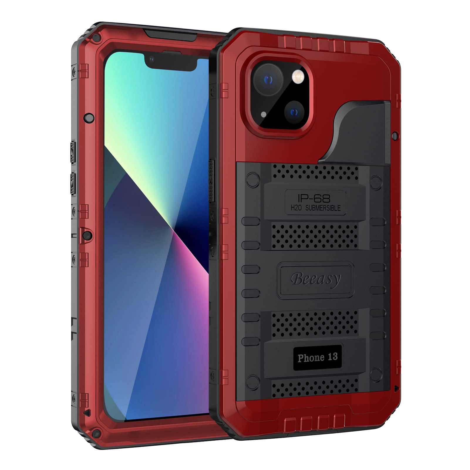 Beeasy for iPhone 13 Case Waterproof Heavy Duty Shockproof Tough Metal Armour Cover Dustproof Built-in Screen Protector, Robust 360 Full Body Military Protective Rugged Case for iPhone 13,Red