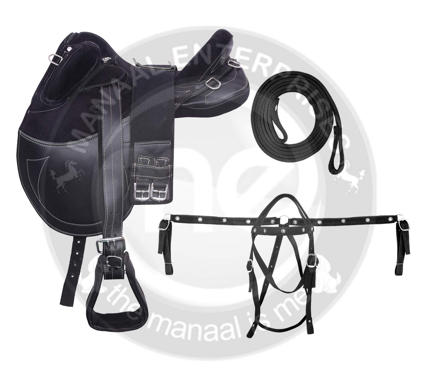 Deen, Enterprises, Synthetic Suede Australian Stock English Horse Saddle Tack, Free Matching Stirrup + Girth Nylon Headstall, Breast Collar & Reins, Size 14-18 Inches Seat