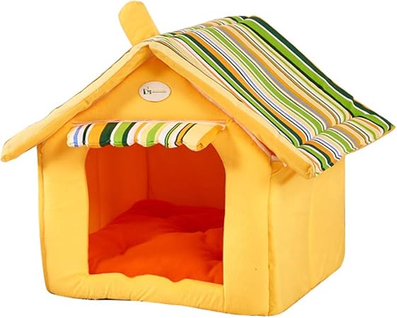 Urijk Maison Chien Chat Nid Chien Niche Chien En Polaire Avec Coussin Fixation En Scratch Grande Taille Lit Panier Chien Jaune M40 30cm
