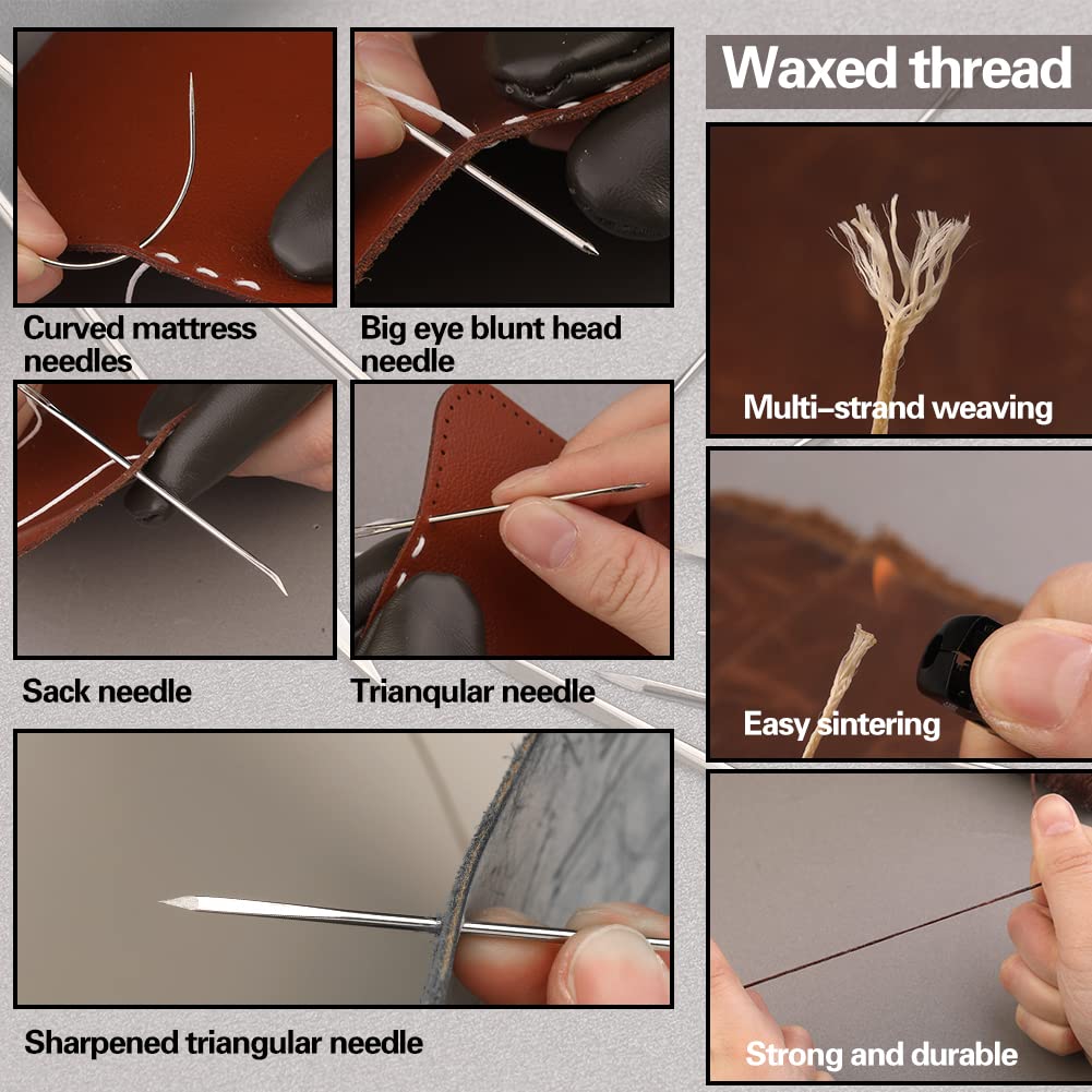 TLKKUE 55 PCS Leather Working Tools, Leathercraft Kit with Roll Bag, Groover Stitch Wheel Waxed Threads Awl Needles Manual, Leather Sewing Kit for DIY Sewing Craft Projects