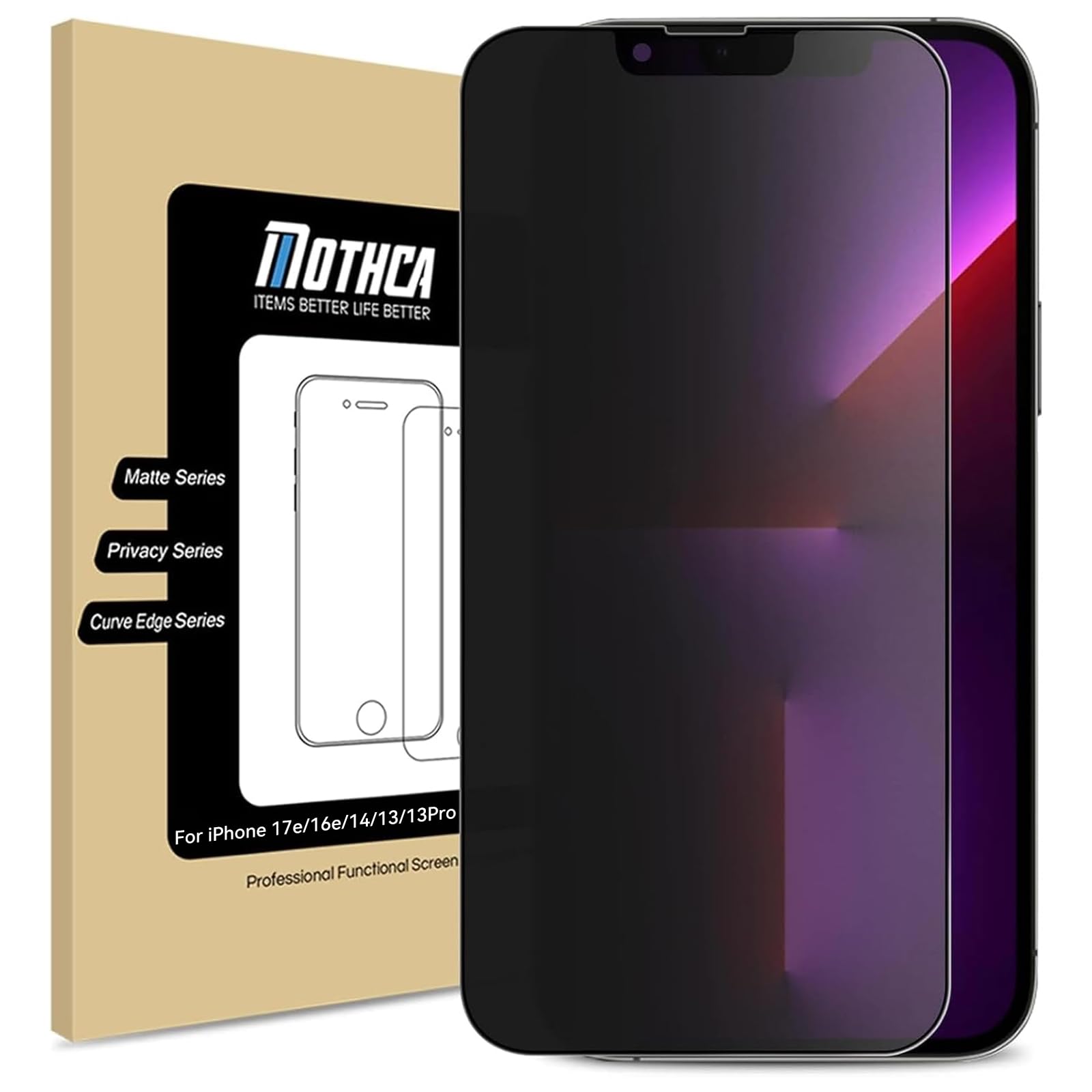 Mothca for iPhone 17e / 16e / iPhone 14/13 / 13 Pro (6.1-inch) Matte Privacy Screen Protector with Alignment Sticker, Full Coverage Anti-Spy Anti-Glare Anti-Fingerprint Tempered Glass Film