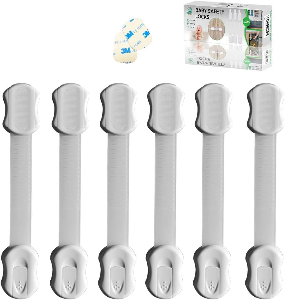 Child Safety Cupboard Strap Locks, Adhesive Baby Proof Cabinet Locks, 6 Pack 4 Extra 3M Strap Lock. Easy to Install No Trapped Fingers No Tools Needed