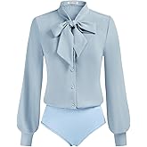 Kate Kasin Women Bow Tie Neck Office Blouse Button Down Long Sleeve Bodysuits Blouse Top