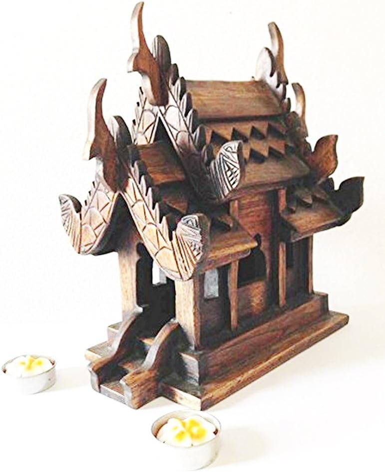 CONSERVE Thailand: Spirit House (Medium Sized) 9 x 6 x 10 inches, Hand Made Wood Carving Thai Vintage Design Brand.