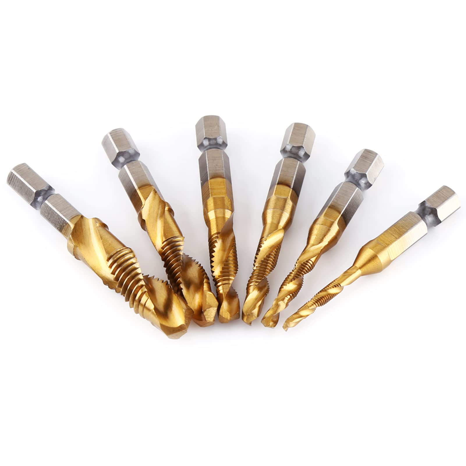 HSS Tap Drill Bit Set, Metric Thread Titanium Coasted Hss Drill and Tap Bits for Wood Plastic Aluminum Copper 6pcs/Set M3 M4 M5 M6 M8 M10