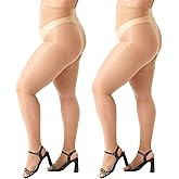 MANZI 2 Pairs Women's Plus Size Oil Shiny Sheer Pantyhose High Waist Shimmer Stockings Nylon Silky Tights