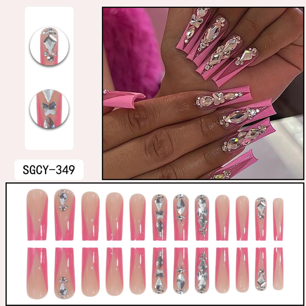 Pink French Press on Nails Long Coffin Fake Nails Full Cover False Nails with Designs Rhinestone Glue on Nails Ballerina Acrylic Stick on Nails Square Bling Luxury Aritificial Nails for Women 24 Pcs - Image 5