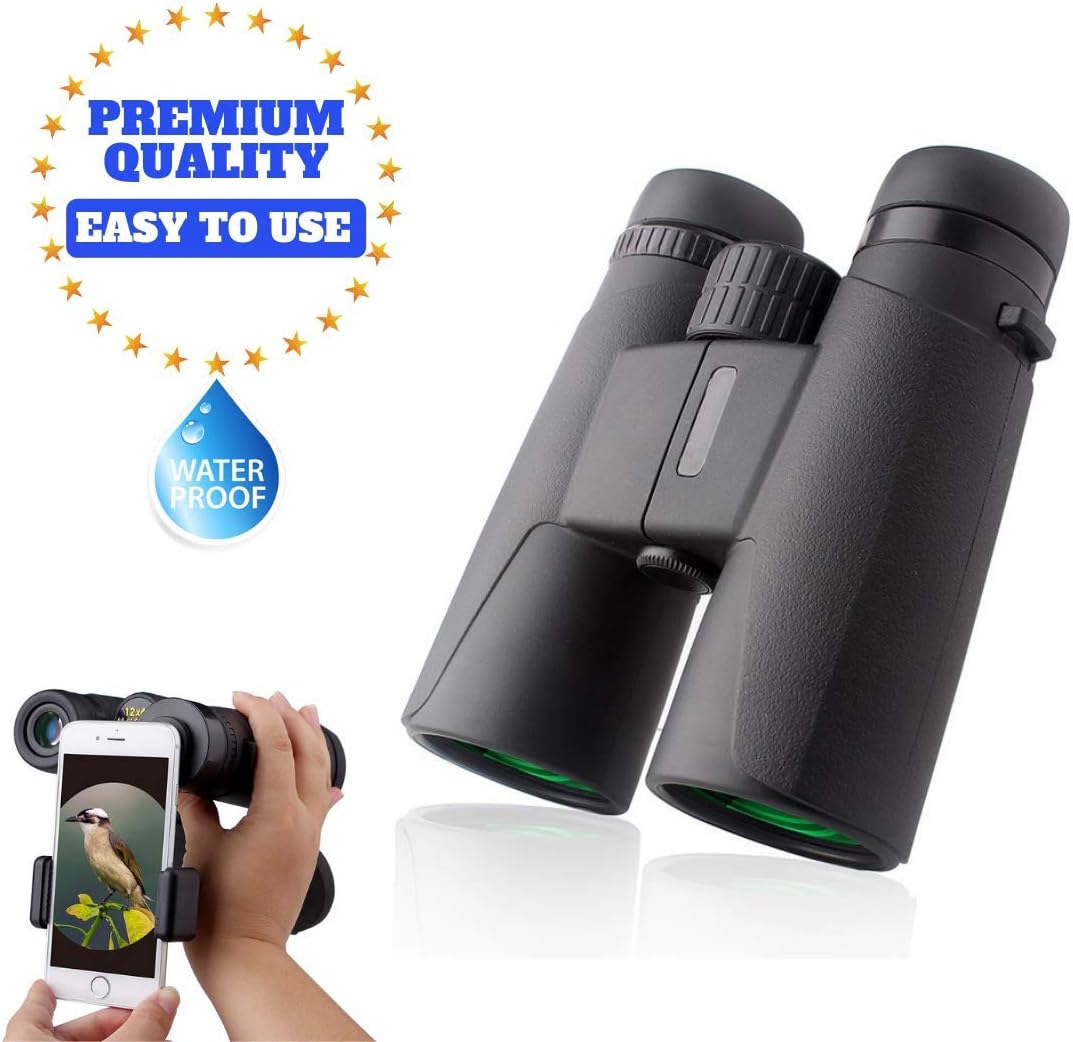 12x42 Best Compact HD Binoculars Power Shock Resistant Low Light Night Vision Scope Waterproof Fogproof Binocular Goggles Hunting Bird Watching Comfortable Non Slip Bag and Phone Adapter