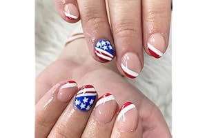AKLHDSK 4th of July Press on Nails Short Independence Day Nails Red Blue French Tips Star False Nails Designs Patriotic Acrylic Nails America Fake Nails Tips Coffin Fourth of July Nails for Women 24Pcs