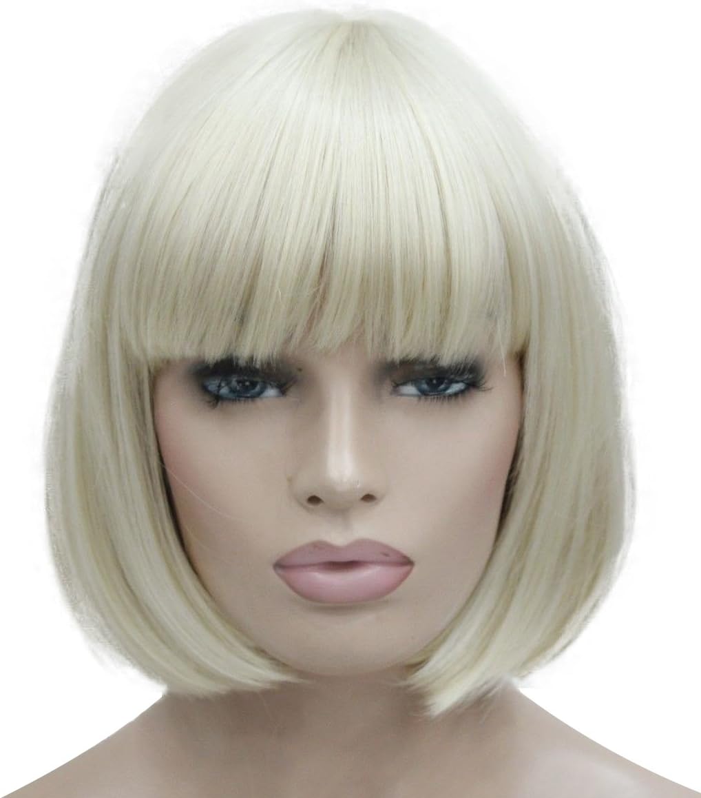 Lydell 8" Straight Short Bob Hair Flat Bangs Cute Central Dot Skin Top Heat Resistant Synthetic Wigs Pale Blonde