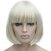 Lydell 8" Straight Short Bob Hair Flat Bangs Cute Central Dot Skin Top Heat Resistant Synthetic Wigs (614 Pale Blonde)