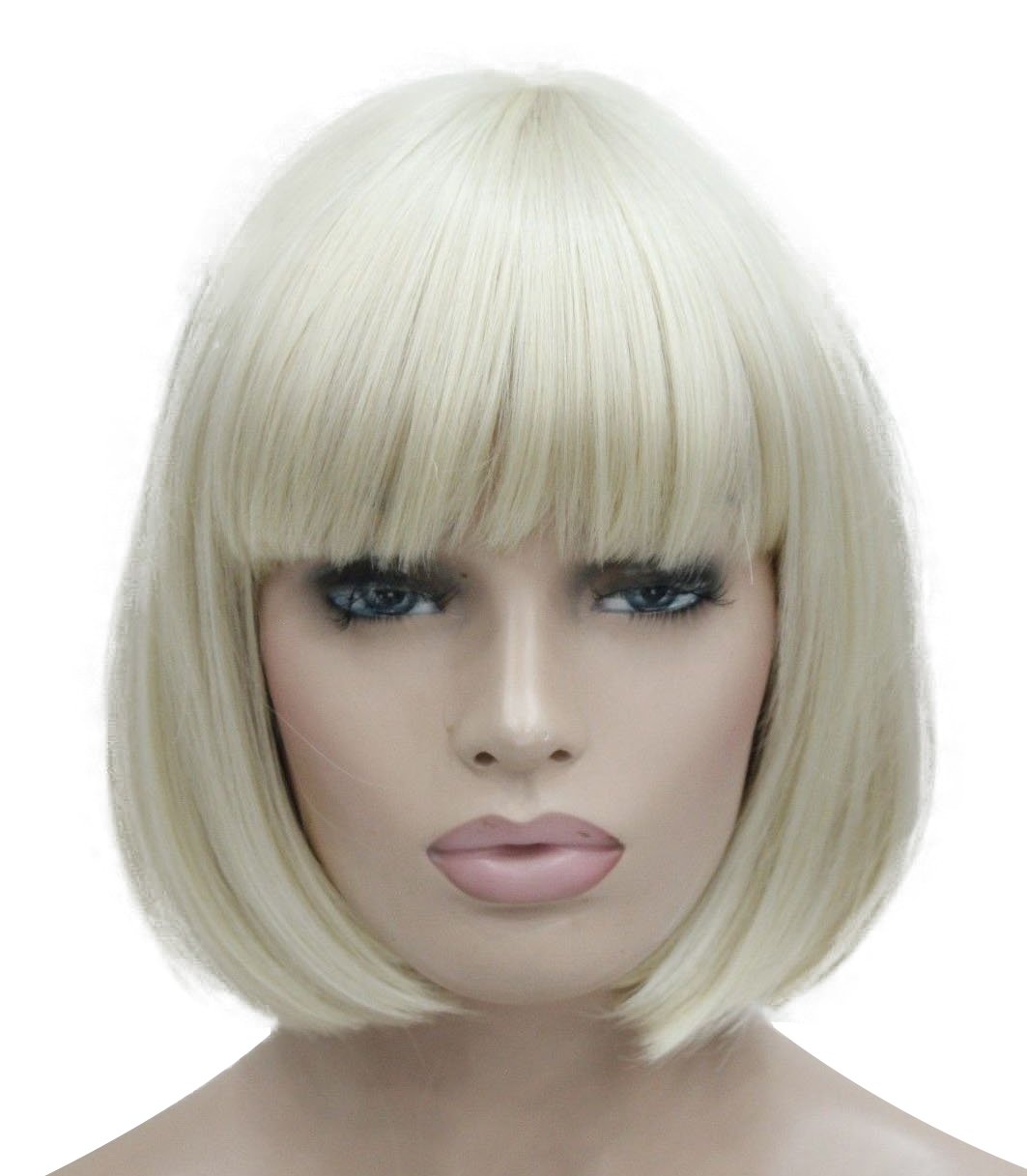 Lydell 8" Straight Short Bob Hair Flat Bangs Cute Central Dot Skin Top Heat Resistant Synthetic Wigs Pale Blonde — image 1