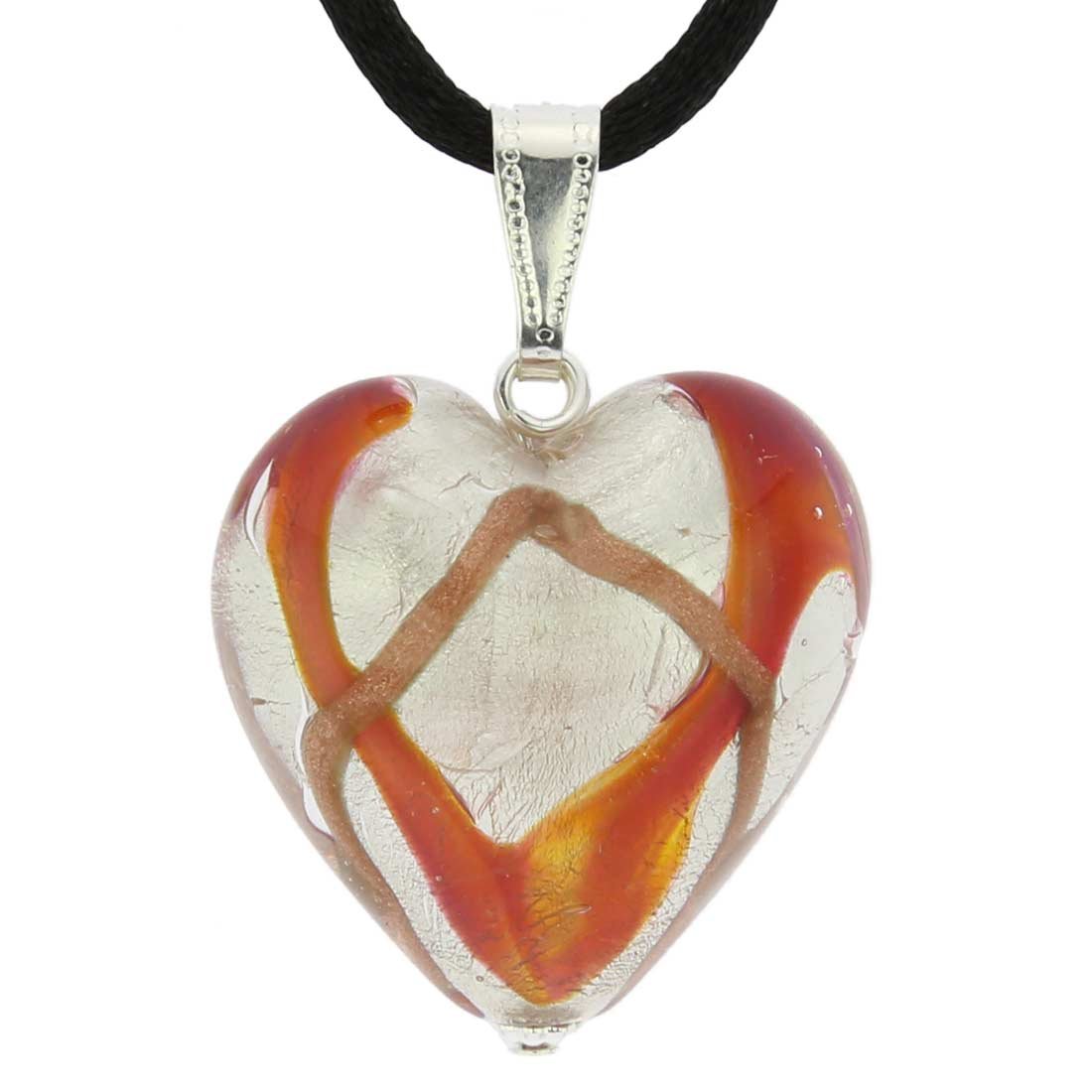 Glass Of Venice Murano Glass Heart Pendant - Golden Brown Waves Silver
