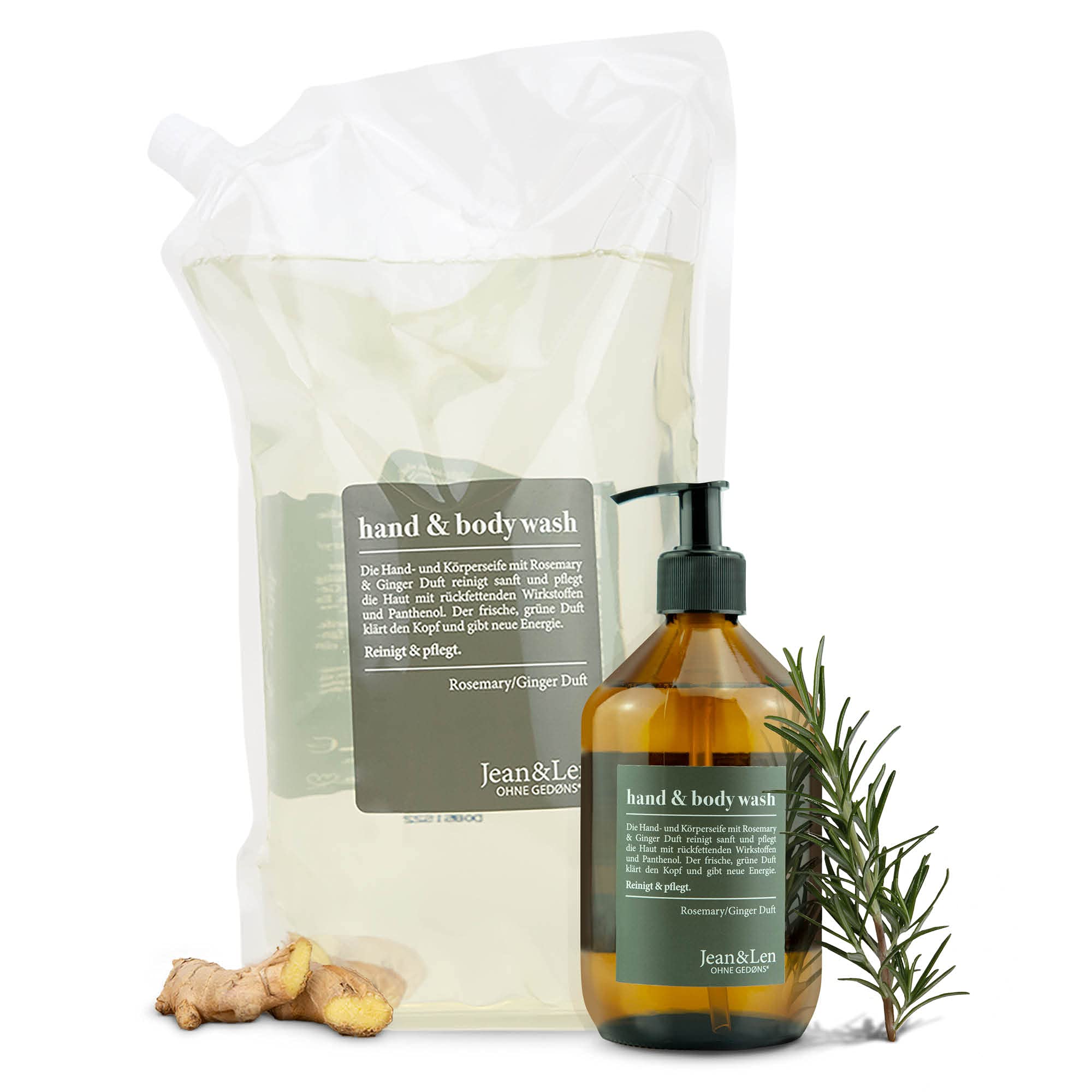 Jean & Len Hand Soap & Shower Gel Refill Pack | Made in Germany | Vegan Liquid Soap with Rosemary & Ginger Fragrance | Environmentally Friendly Glass Bottle + 1.5 L Soap Refill Bag for 3 x Refills