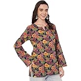 HION HILS Short Cotton Kurti for Women, Short Tunic Tops on Jeans, V-Neck, Long Bell Sleeves, Floral Design