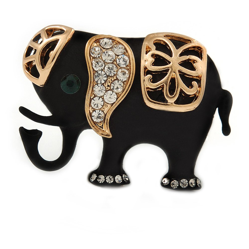Ethical Crystal Black Elephant Brooch In Gold Tone Metal - 35mm W