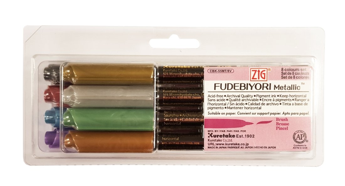 KuretakeZig Fudebiyori Metallic Water-Based Pigment Pen - Set of 8, Brush Tip