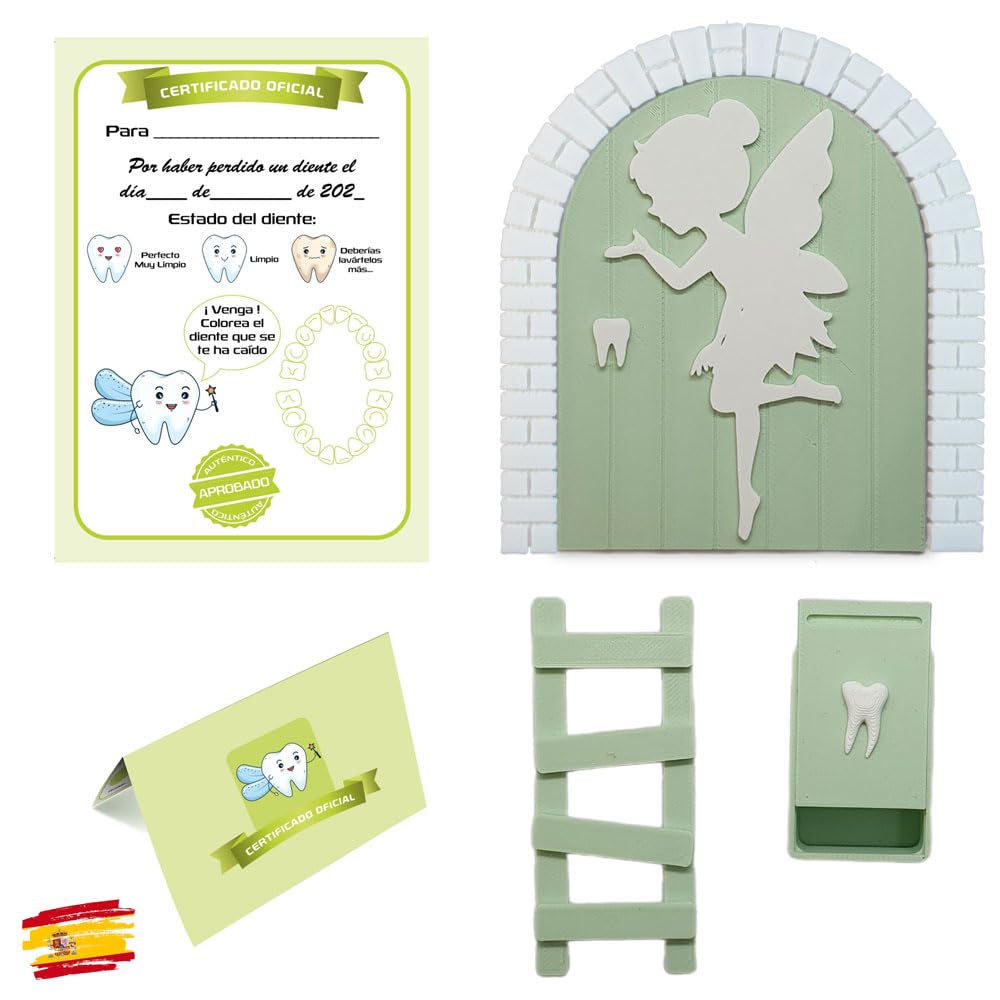 MFS MYFUTURSHOP Myfuturshop® Tooth Fairy Magic Door + Tooth Box + Ladder + 4 Clean Tooth Certificates Original Gift for Boys and Girls (Green)
