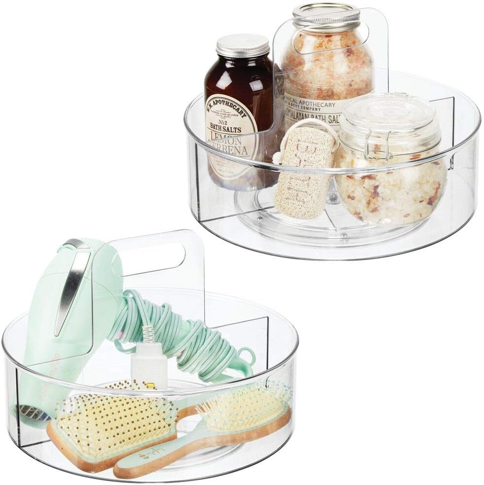 mDesign Deep Plastic Spinning Lazy Susan Turntable Storage Tray, Portable Rotating Organizer for Makeup, Cosmetics, Nail Polish, Vitamins, Shaving Kit, Soap, Hair Spray, First Aid, 2 Pack - Clear