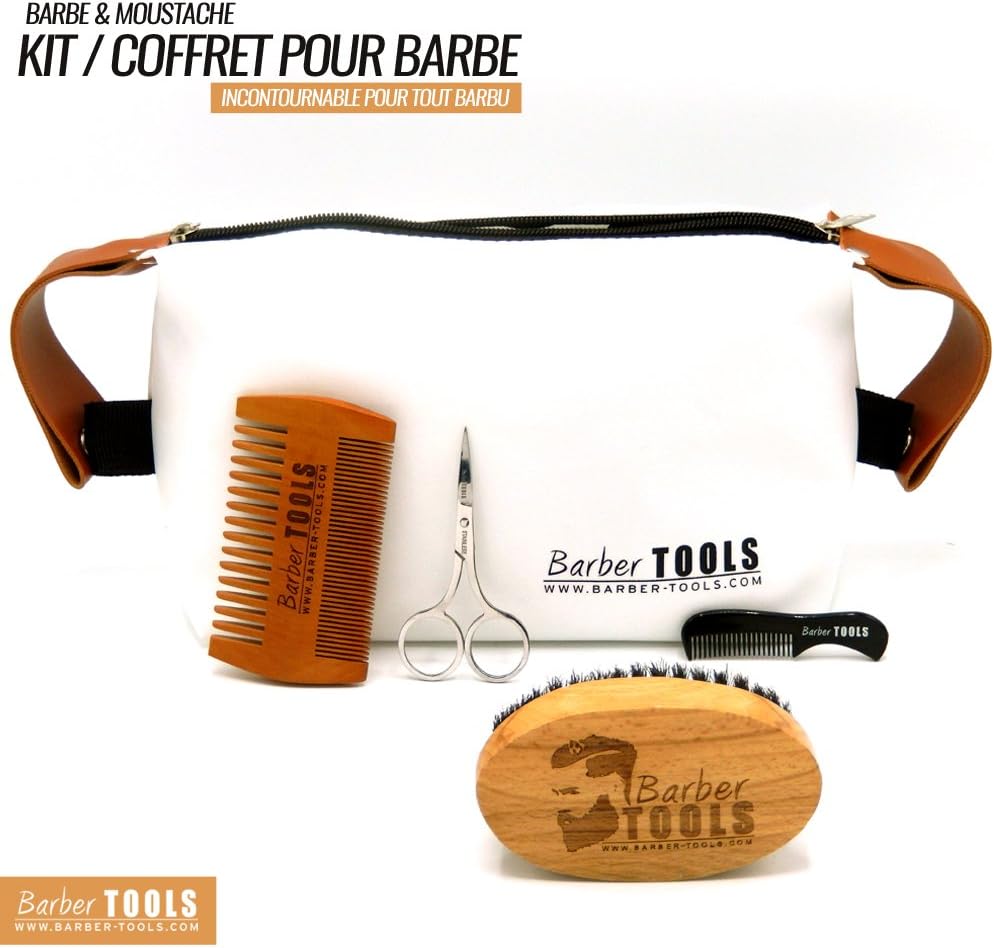 ✮ BARBER TOOLS ✮ Kit / Set / Caring set for beard. Beard comb + Beard brush 100% wild boar hair + Precision scissors + Precision Beard comb + large storage case with zipper. The perfect gift for bearded men.