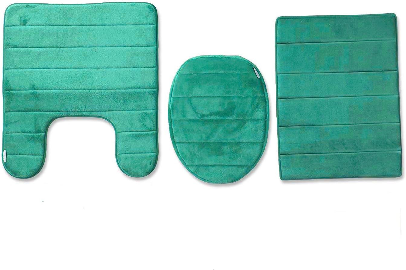 Townhouse Memory Foam Bath Mat Soft, Luxury Cushioned Pad for Bathroom Floors,Non-Slip, Absorbent, Cushy Contour with Lid Cover -3 Pieces Set (1 Set/3PC, Emerald Green)