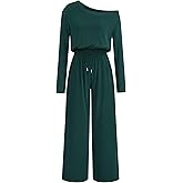 Lazysmile Jumpsuits For Women Dressy Long Sleeve Off Shoulder One Piece Wide Legs Rompers Casual Fall Outfits with Pockets