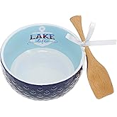 Pavilion Gift Company - Lake Life - 11oz 4.5" Bowl and Beech Spoon Set - Lakeside Cottage Water Waterfront Nautical Stoneware Home Decor Housewarming Summer Kitchenware Serveware