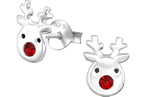 ICYROSE 925 Sterling Silver Christmas reindeer Rudolph the red nosed reindeer Crystal Nose Stud Earrings 33415 41745 (Nickel Free Hypoallergenic)