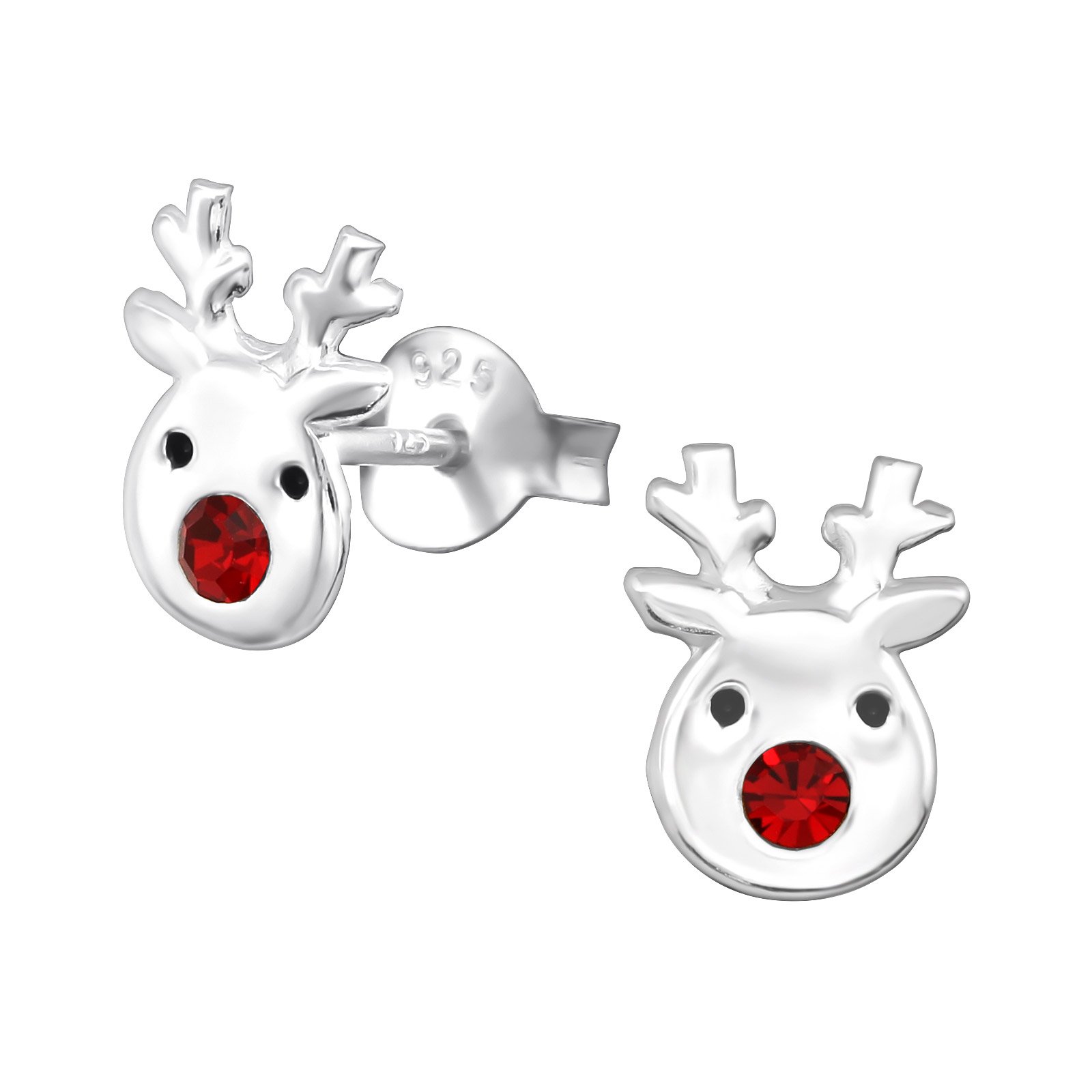 Katy Craig, Sterling Silver Reindeer Earrings with Red Crystal Stone Nose Christmas