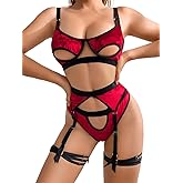 Kaei&Shi Garter Belt Lingerie Set,Underwire High Waisted Sexy Lingerie for Women,Matching 4 Piece Strappy Lingerie Christmas Valentines Petite Red Velvet Small
