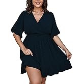 SCOMCHIC Plus Size Casual Summer Dress for Women Swiss Dot Wrap V Neck Ruffle Sleeve Smock Boho Mini Dress