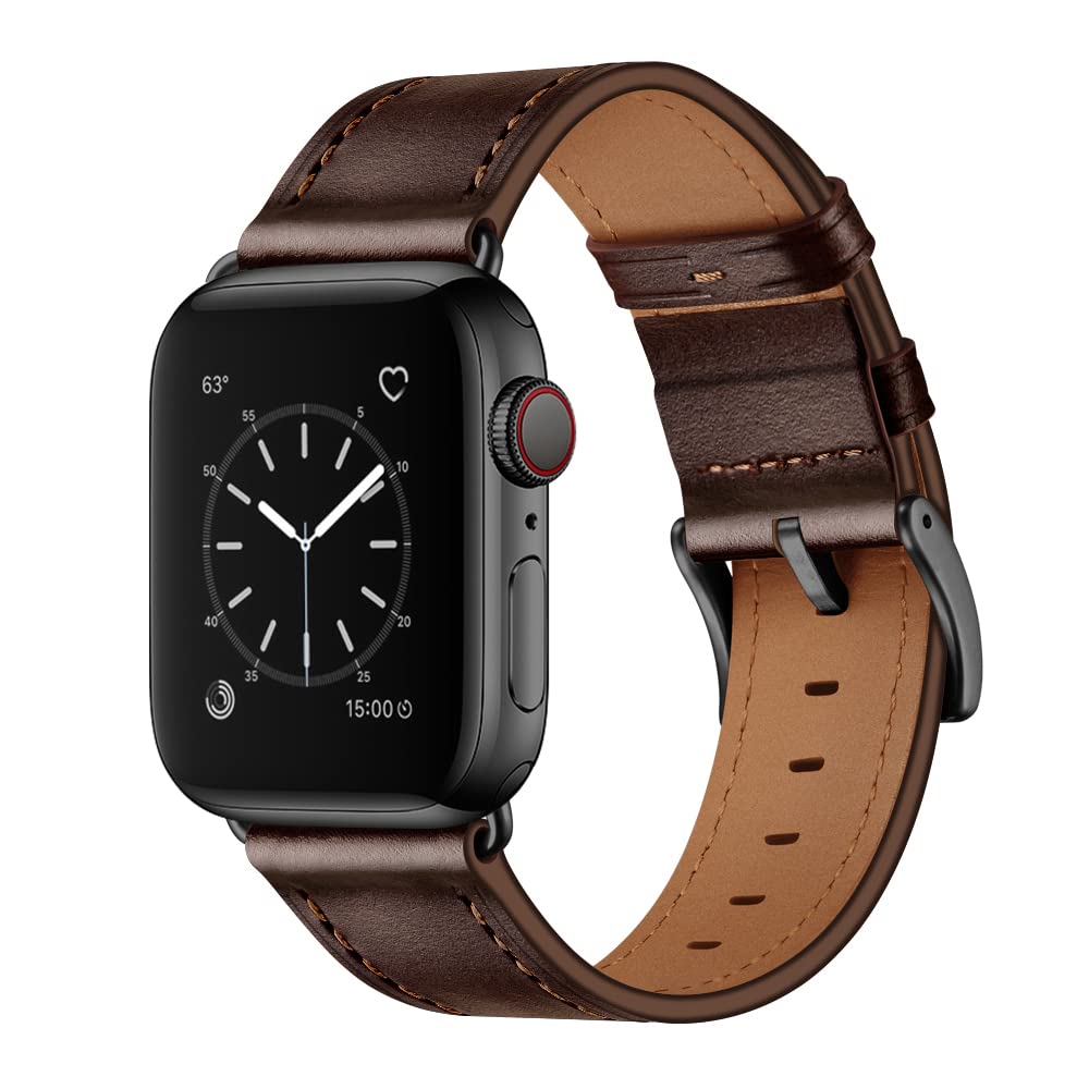 OUHENG Compatible with Apple Watch Band 49mm/46mm/45mm/44mm/42mm, Genuine Leather Band Strap Compatible with Apple Watch Ultra 2/1 Series 10/9/8/7/6/5/4/3/2/1/SE, Dark Brown/Black