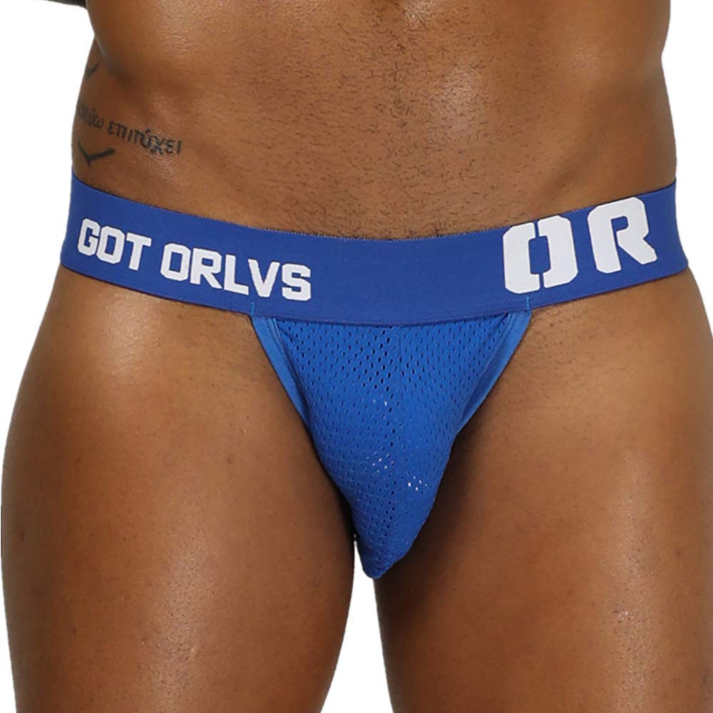 Comhere Men\'s Jockstraps Underwear Athletic Supporters Elastic Mesh Bikini Briefs Thong (Blue, XXL)